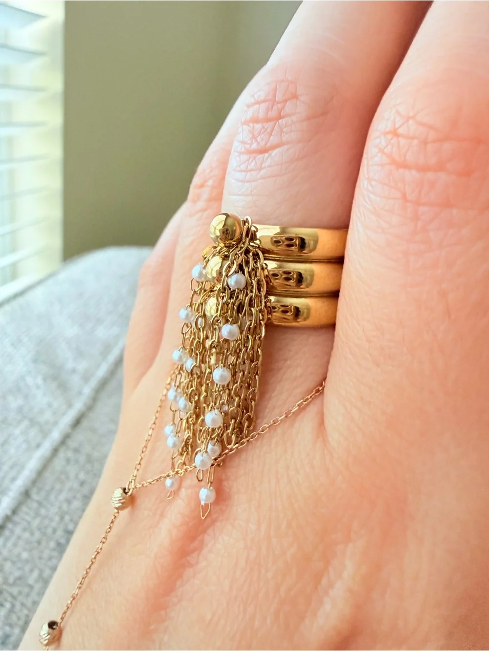 Gold-Tone Tassel Pearl Drop Ring - Women Jewelry